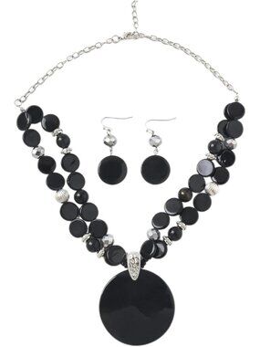Women's Black Layered Beads Statement Chunky Jewelry Necklace And Earring